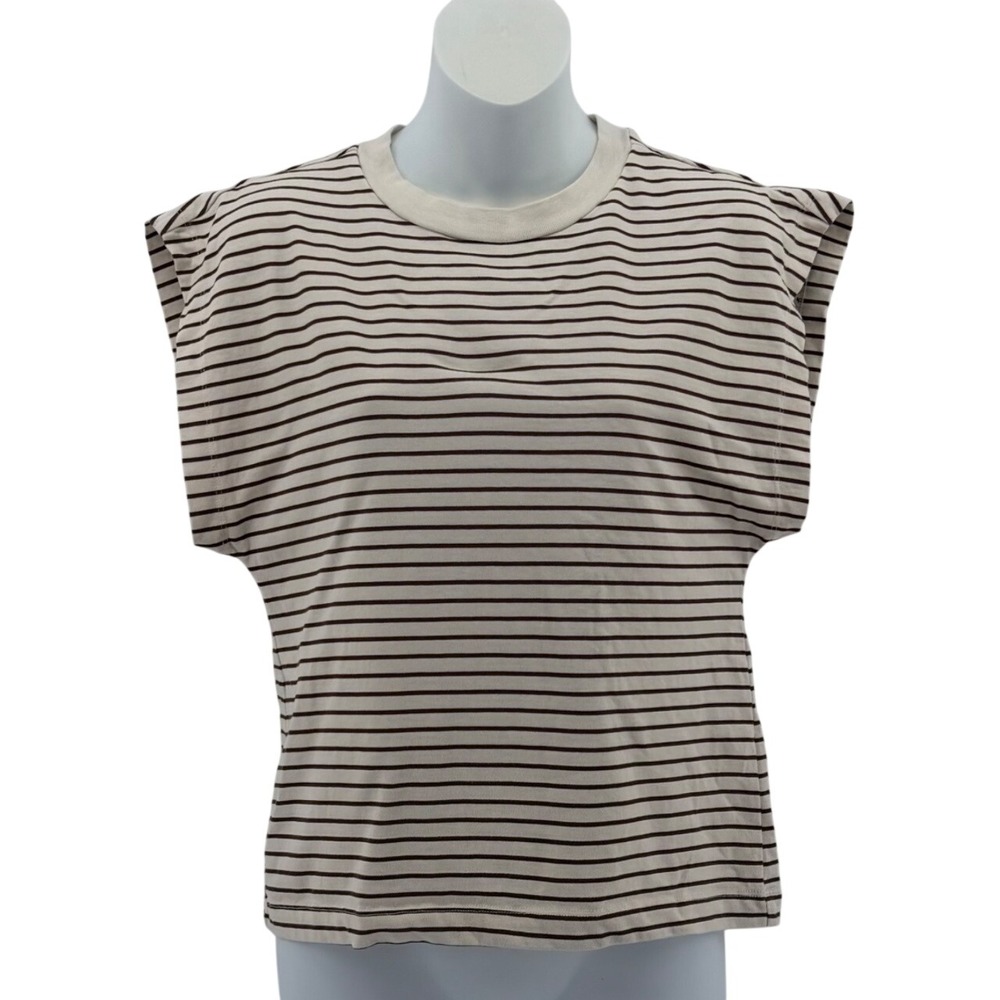 Pistola Cotton Striped Muscle Tee Women XS Padded Shoulder Tank Top Cream Brown